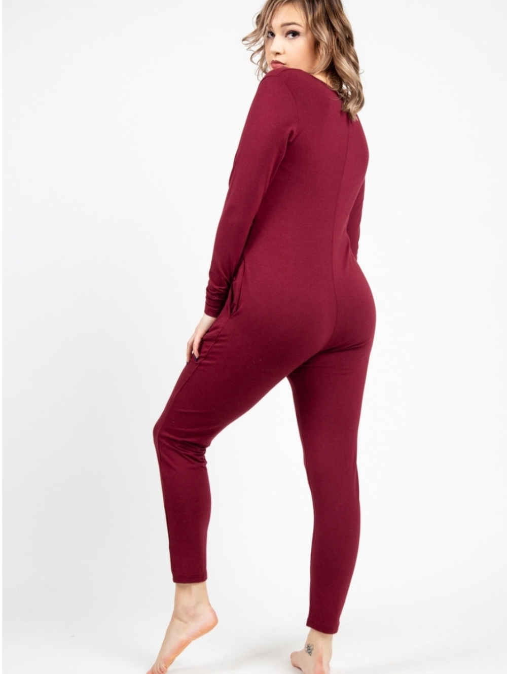 Smash + Tess Women's Long-Sleeve Burgundy Jumpsuit